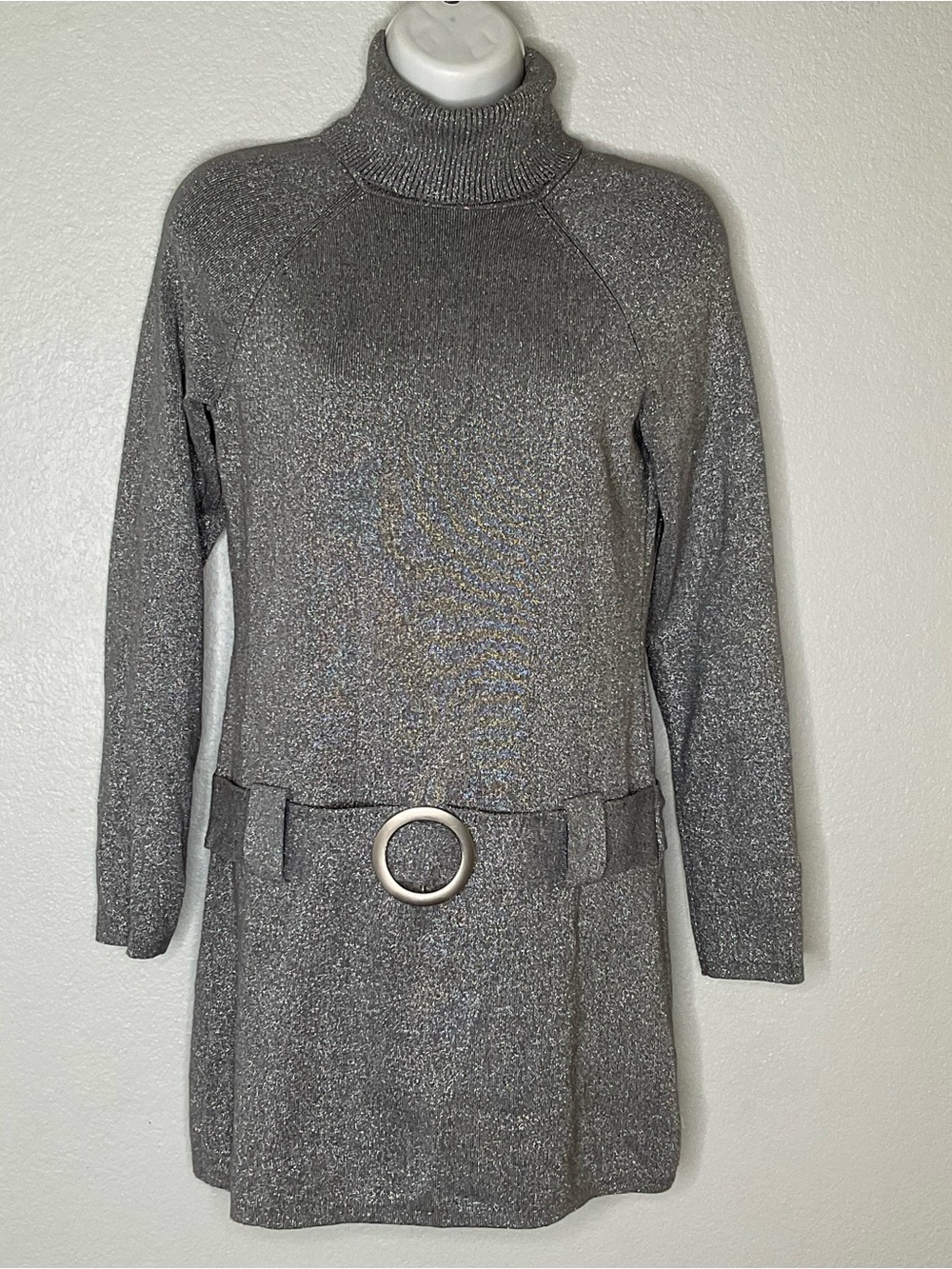 Inc International concepts Metallic Gray Turtleneck Sweater Dress with Belt